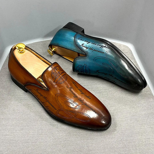 Italian-Inspired Men's Loafers, Handmade with Letter Print, High-Quality Genuine Leather Dress Shoes, Business Formal Footwear