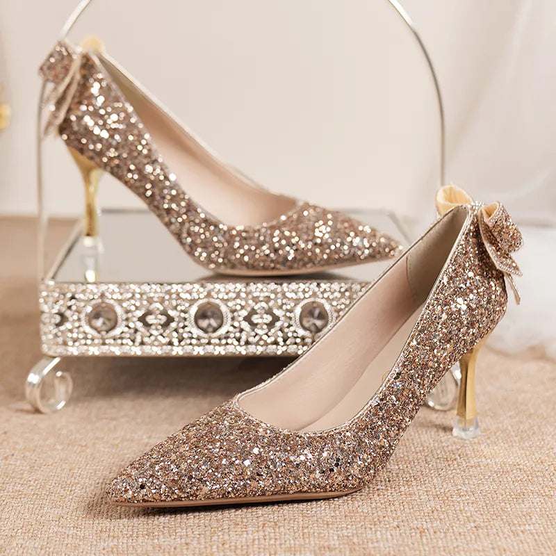 Luxury Gold Silver Sequins Pumps Women 2024  Slip On High Heels Party Pointed Toe Thin Heeled Shoes