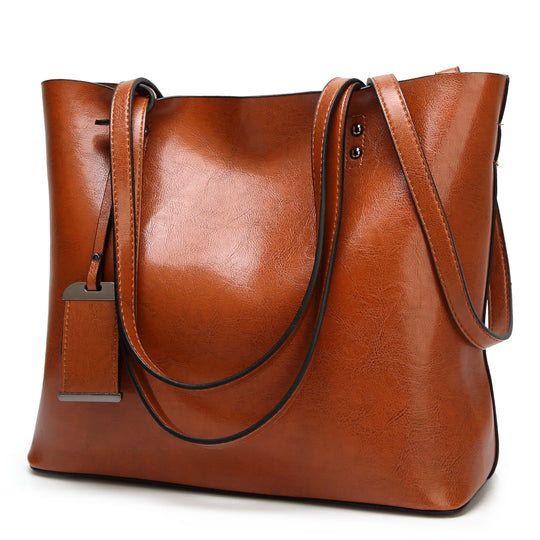 "2024 Waxing Leather Bucket Bag: Elegant Double-Strap Handbag & Shoulder Tote for Women - Versatile All-Purpose Shopping Bag"