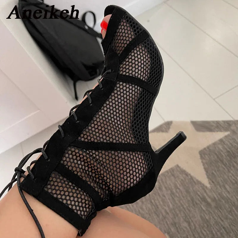 Aneikeh Middle Heel Ankle Strap Sandal Boots 2024 Fashion Summer Lace Up Cross-tied Peep Toe Lady Shoes