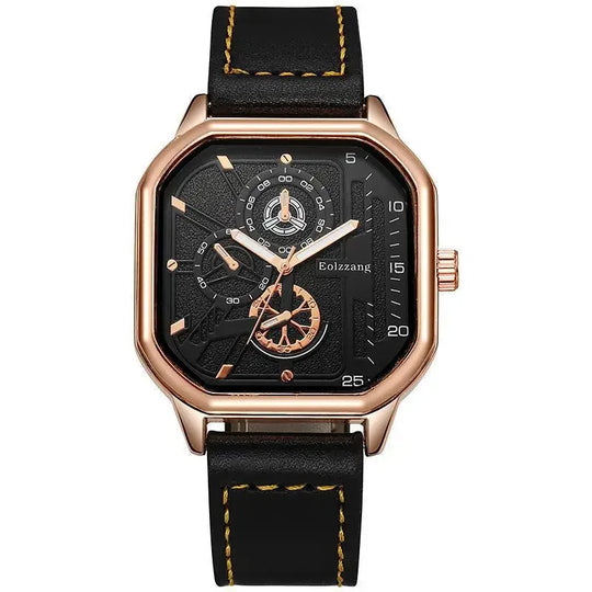 "YIKAZE Men's Quartz Watch - Alloy Dial, Business Style, Leather Strap, Square Sports Design, Cool Black Wristwatch"