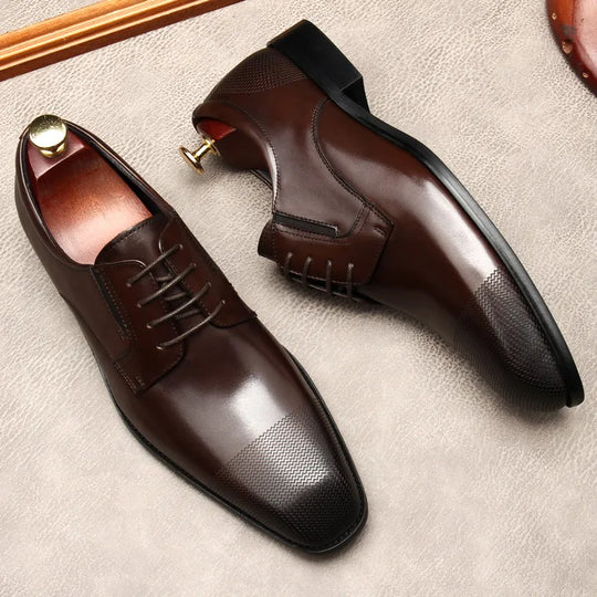 2024 Italian Mens Dress Shoes Luxury Genuine Leather   Square Toe Black Business Oxfords Shoes