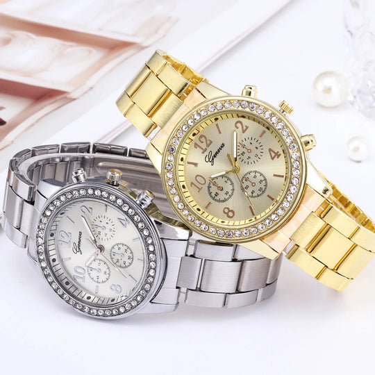 "Luxury Women's Round Rhinestone Quartz Watch - Business Fashion Casual, Silver Stainless Steel Strap Wristwatch"