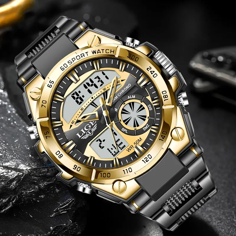 "LIGE Luxury Men's Dual Display Watch - Top Brand Fashion, Casual Sport Diver Style, Quartz Chronograph"