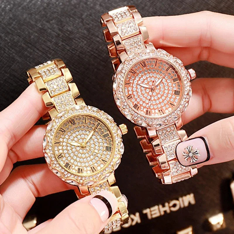 "Luxury Women's Diamond Watch - Top Brand Quartz, Steel with Full Diamond Embellishment, Punk Elegant, Zircon Crystal Fashion Wristwatch"