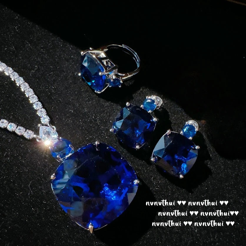 Sparkling Sapphire Big Gemstone Jewelry Sets, 925 Silver Luxury Cubic Zirconia, Women Wedding Banquet Gifts