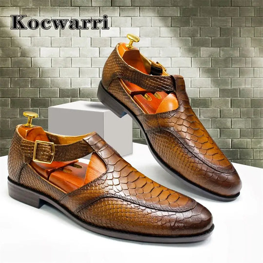 Men's Leather Snake Pattern Sandals with Hollow Design, Casual Dress Shoes with Metal Button – Ideal for Office Wear"