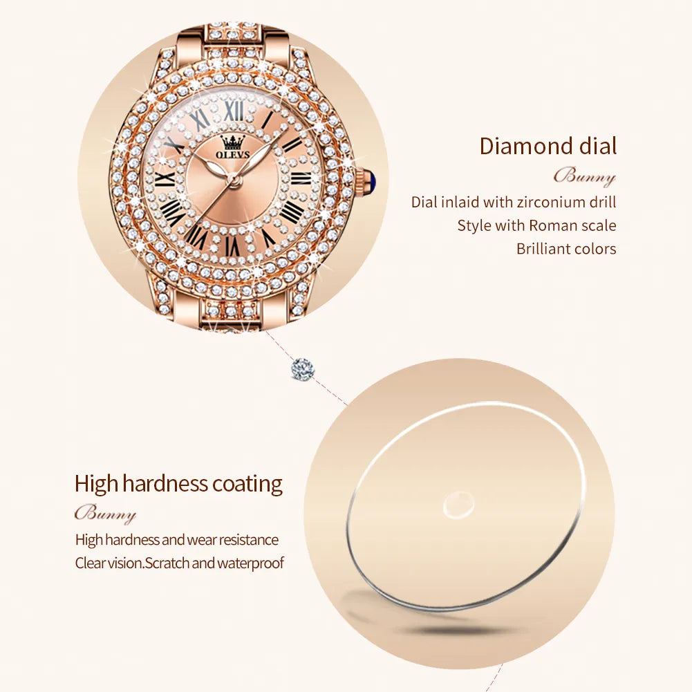 "OLEVS Original Women's Cubic Zirconia Diamond  Watch - Fashionable and Elegant, Stainless Steel, Waterproof Quartz Wristwatch, Luxury Ladies' Dress Timepiece"