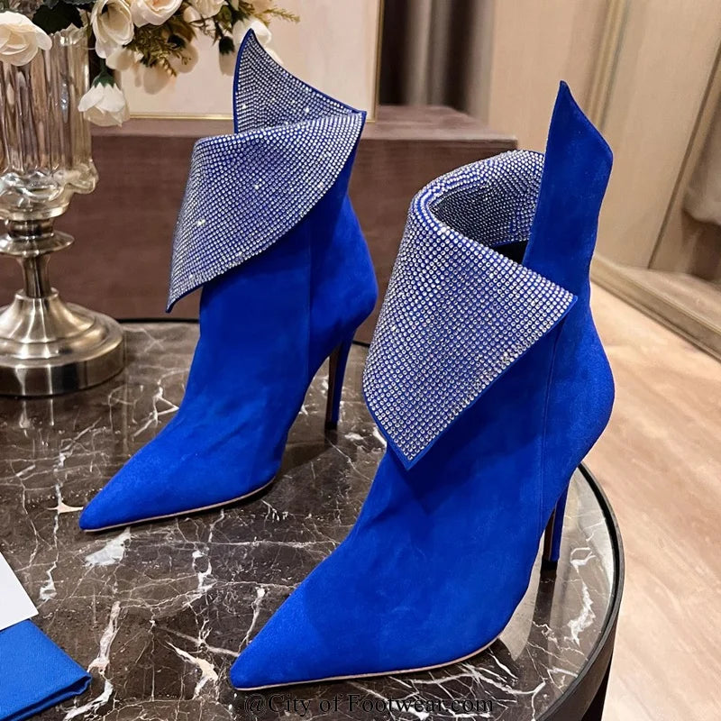 2024 Suede Leather Crystal Ankle Boots Blue\Red\Black Women Pointed Toe Pull on Soft High Heel Luxury Design Shoes