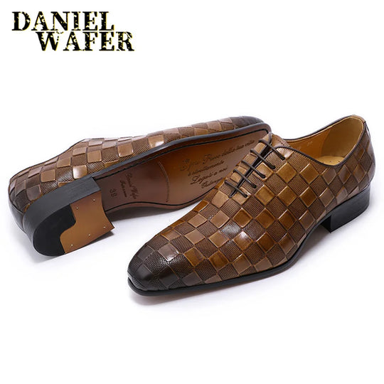 "Italian Luxury Leather Men's Dress Shoes: Fashionable Plaid Lace-Up Oxfords in Black and Brown For Formal  and Office"