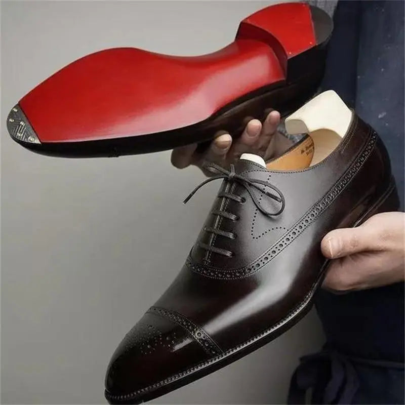 Men's Oxfords with Red Sole, Fashionable Business Casual, Lace-Up Brogue Dress Shoes