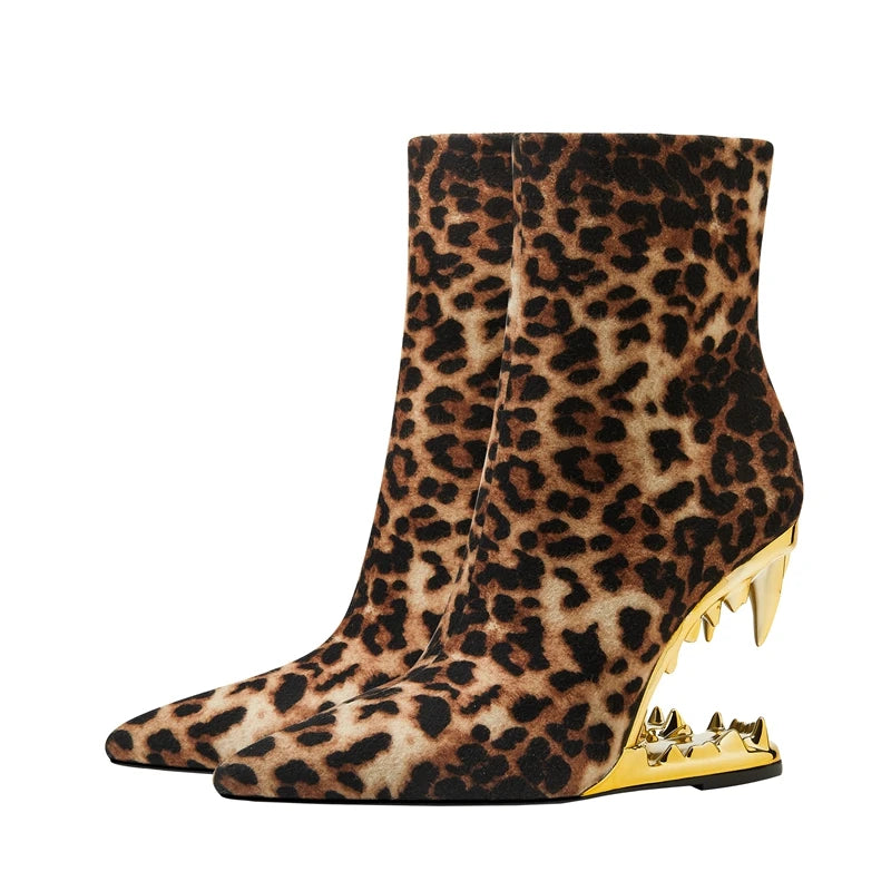 2024 New Leopard Print Pointed Toe High Heel Wolf Teeth Slope Heel Large Women's Boots Short Boots