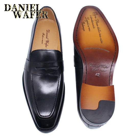 Men's Penny Loafers, Genuine Leather Slip-On, Red and Black Casual Business Dress Shoes, Fashionable Office Footwear