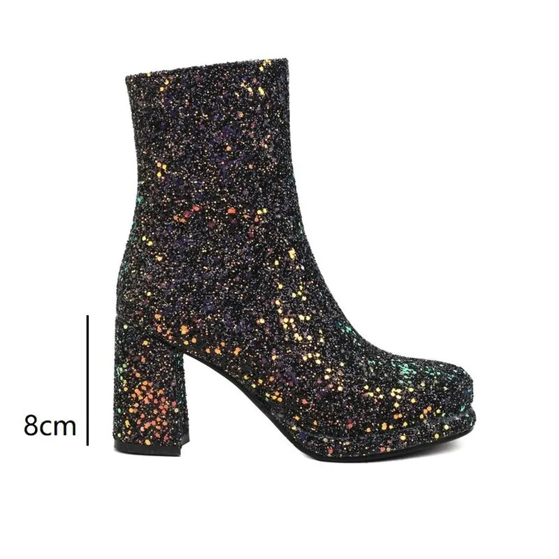 LeShion Of Chanmeb Women Silver Glitter Short Boots  Thick Heeled Round Toe Blingbling Sequin Gold Boots