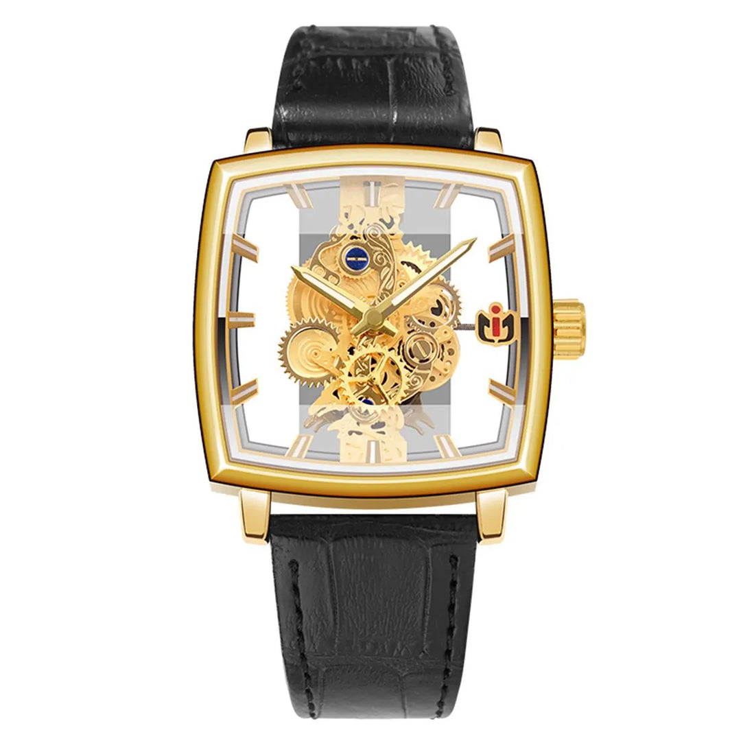 Top Luxury Men's Hollow Square Watch - Gold Gear, Fashionable Business Design, Versatile Glow, Waterproof, Quartz Movement"