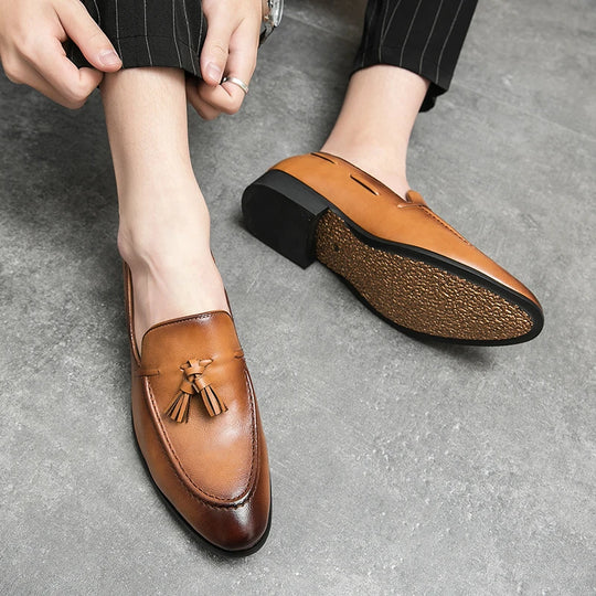 Leisure Leather Loafers Men Business Shoes Fashion Tassel Shoes Wedding Shoes Driving Black Summer Slip-on Shoes Light Pea Shoes