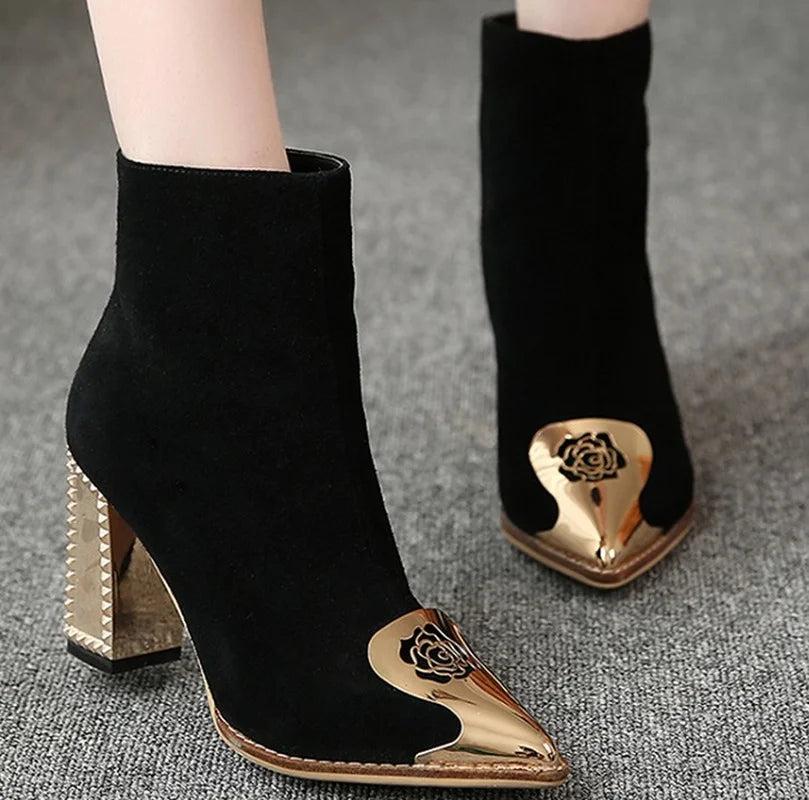 Women's Pointed Toe Pumps High Heels Women's Thick Metal Heel Rubber Ankle Boots Floral Black Ankle Boots  platform boots 2022