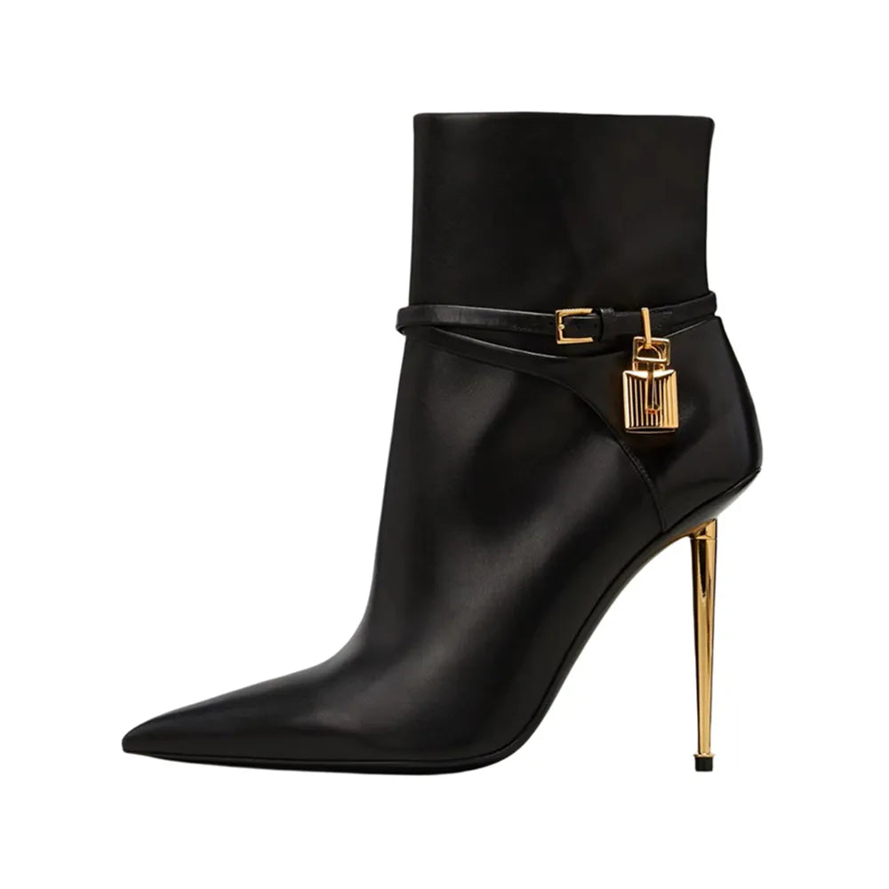 Women Sexy Metal Lock Decorate Solid Color Ankle Boots Gold Stiletto High Heel Pointed Toe Short Booties Fashion Zipper Boots