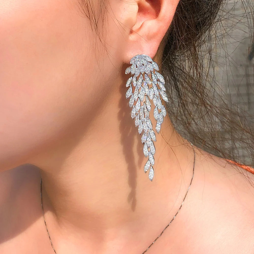 Exaggerated Luxury Big Long Tassel Feather Drop Dangle Earrings for Women Chunky Wedding Party Jewelry Gifts