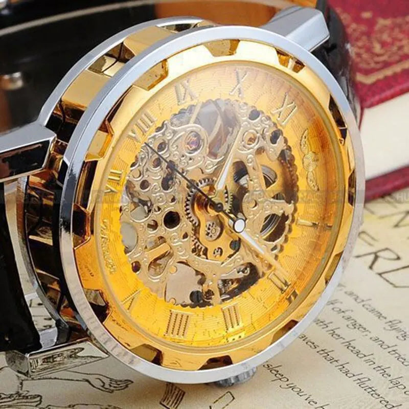 Men Mechanical Wrist Watch With Black Leather Strap 1pc Luxury Fashion Stainless Steel Skeleton Mechanical Watch For Business