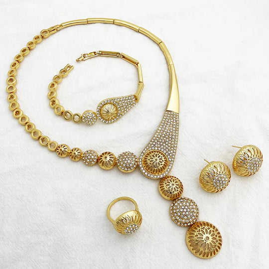 Gold Color Jewelry Set Hollow Round Ball Large Pendant Necklace Earring Ring Bracelet Set