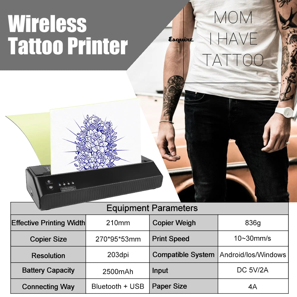 "Wireless Bluetooth Thermal Tattoo Stencil Printer: Line Drawing and Photo Pattern Transfer Machine Copier"