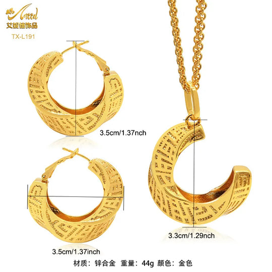 24K Gold-plated Two Piece Copper Jewelry Set, India Dubai Jewelry Gold Warped Geometry Necklace, Earrings