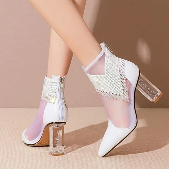 Summer Fashion Boots Women 2024 New Glitter Rhinestone Ladies Pointed Toe Chunky Heel Shoes Dress Party Female Mesh Sandals