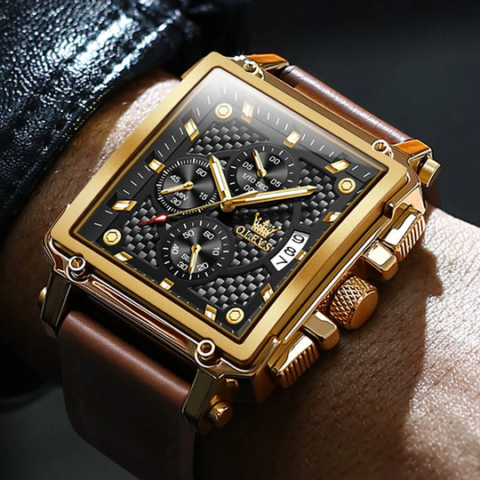 "2024 OLEVS Golden Men's Watch - Luxury Military Brand, Leather Strap, Large Gold Chronograph Wristwatch"