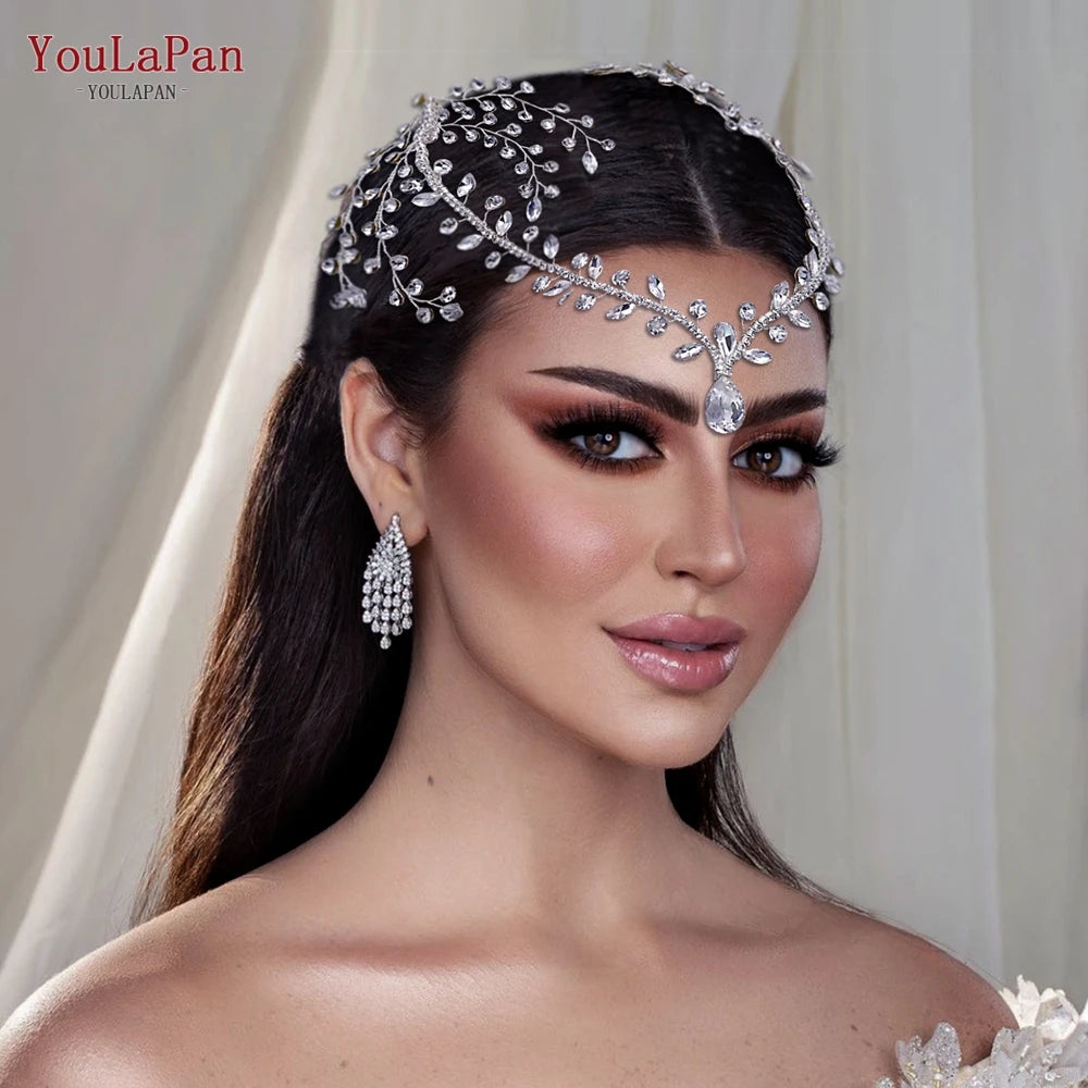 Rhinestone Wedding Forehead Headband Women Headdress Water Drop Bridal Head Tiara Bridal Headpiece with Combs