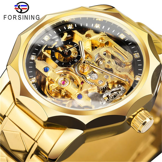 Forsining  Luxury Design Skeleton Transparent Golden Stainless Steel Men's Automatic Mechanical Watch