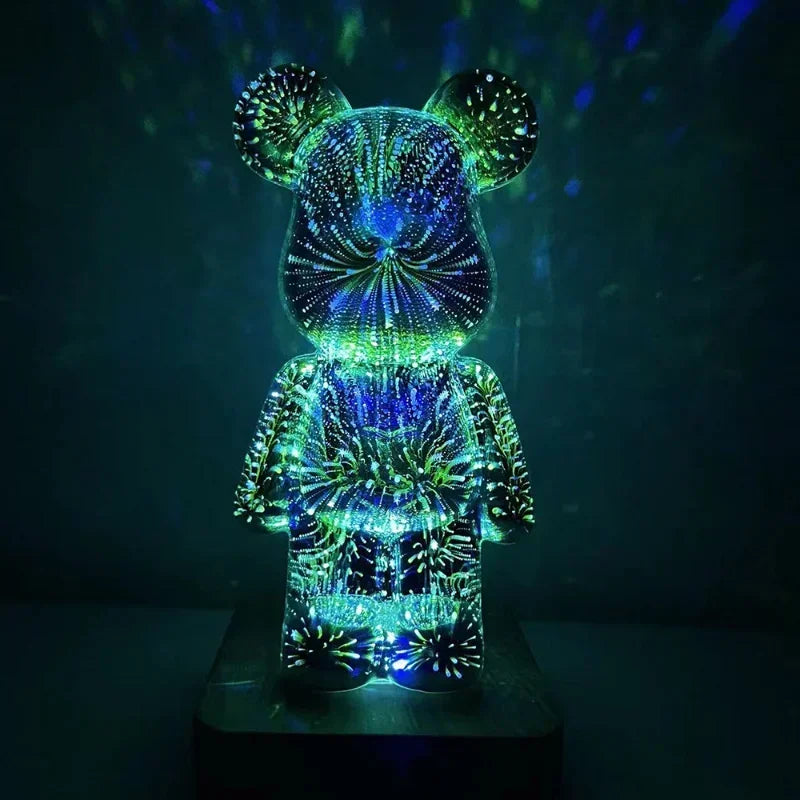 RGB Glass Firework Bear Night Light: 3D Atmosphere with Dimming Feature, Romantic Bedroom USB LED Table Lamp Projector for Living Room Decor