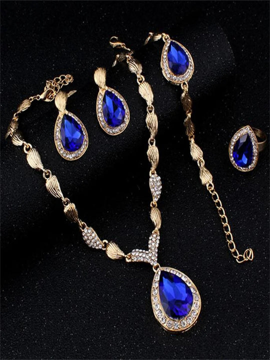 Blue sapphire alloy ring necklace earrings bracelet set of four High-grade alloy jewelry accessories