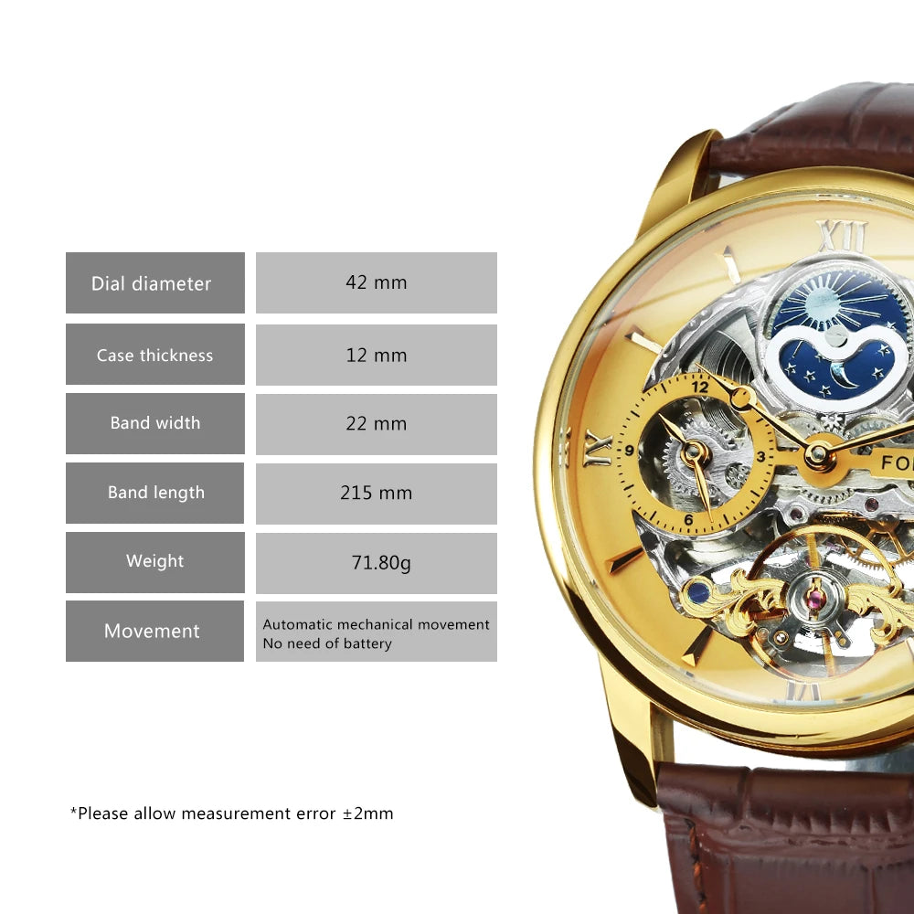 Forsining Luxury Skeleton Mechanical Watches for Men Dual Time Zone Tourbillion Automatic Watch Genuine Leather Strap Moon Phase