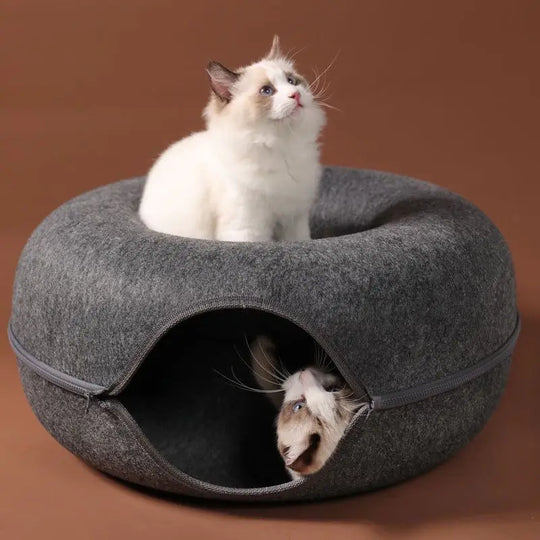 Donut Cat Bed with Interactive Tunnel: Felt Indoor Playhouse and Training Toy for Kittens and Cats - Cozy Pet Kennel Supplies