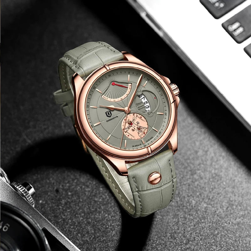 "QINGXIYA Men's Luxury Sport Wristwatch - Top Brand, Waterproof, Fashion Leather Strap, Date Quartz Watch"