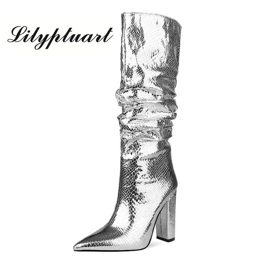 European and American Style Thick Heel High Boots Side Zipper Women's Boots Silver Boots