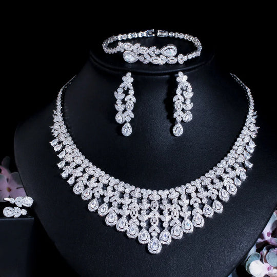 Super Luxury Tassel Leaf Drop Big Chunky Wedding Necklace Dubai White Gold Plated 4pcs Jewelry Sets for Brides