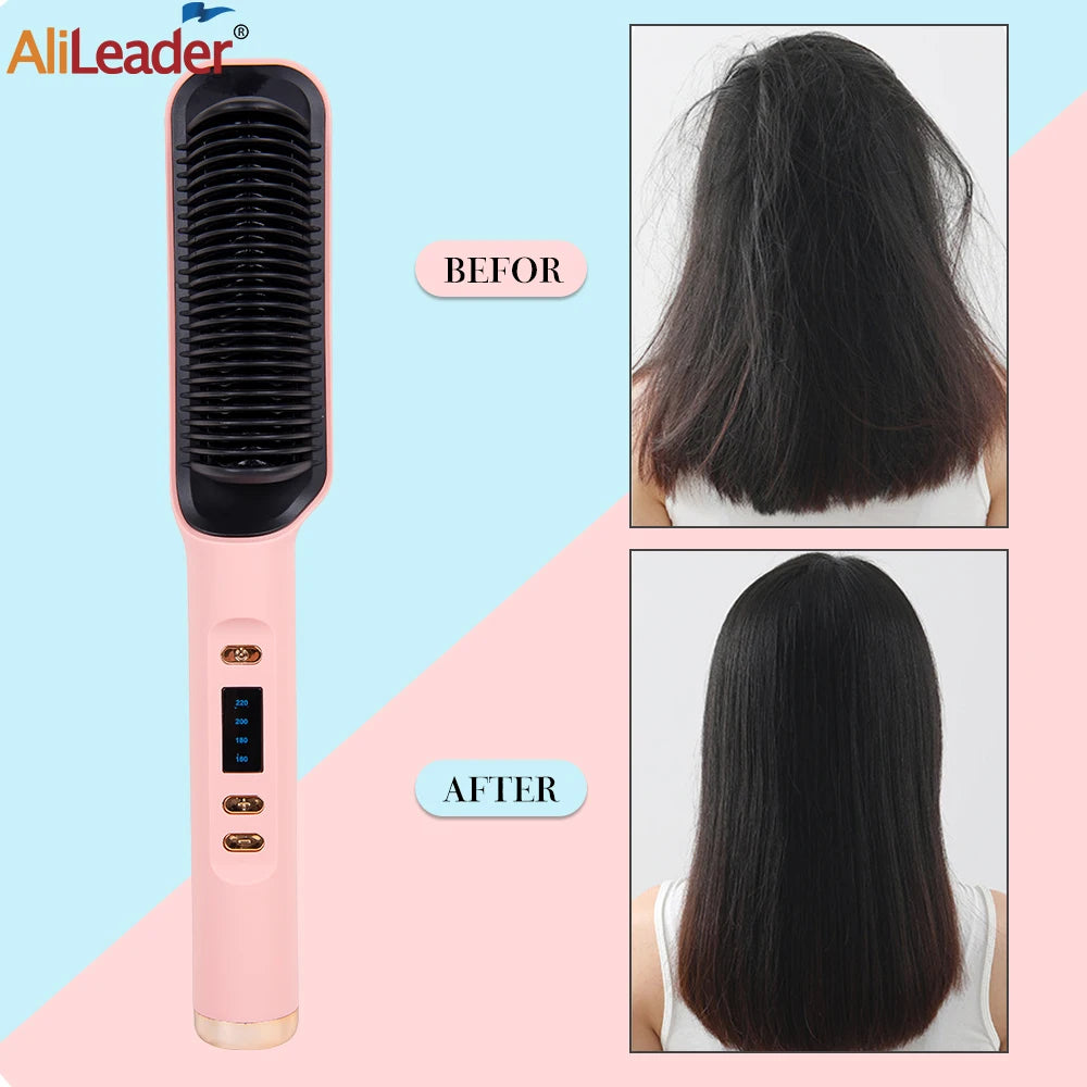 "Professional 2-in-1 Electric Hot Comb: Fast Heating Straightener and Curling Iron Hair Brush"