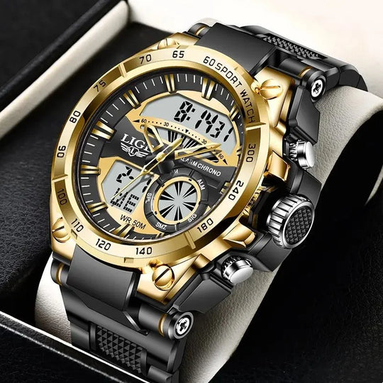 "LIGE Luxury Men's Dual Display Watch - Top Brand Fashion, Casual Sport Diver Style, Quartz Chronograph"