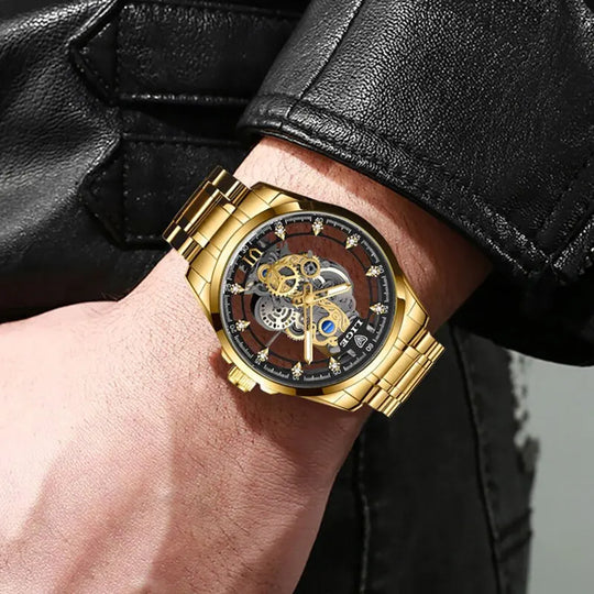 "LIGE New Skeleton Quartz Men's Watch - Gold Retro Style, Top Brand Luxury, Elegant Wristwatch"