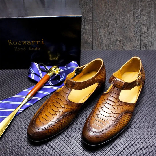 Men's Leather Snake Pattern Sandals with Hollow Design, Casual Dress Shoes with Metal Button – Ideal for Office Wear"