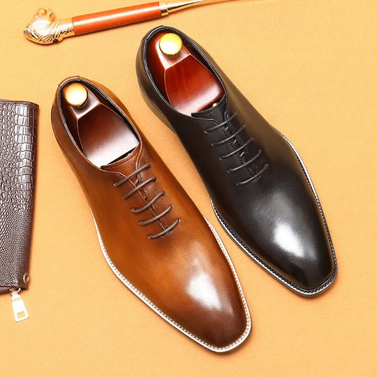 Italian Men's Elegant Formal Oxfords, Luxury Handmade Genuine Leather, Comfortable and High-Quality Black And Rust Dress  Shoes