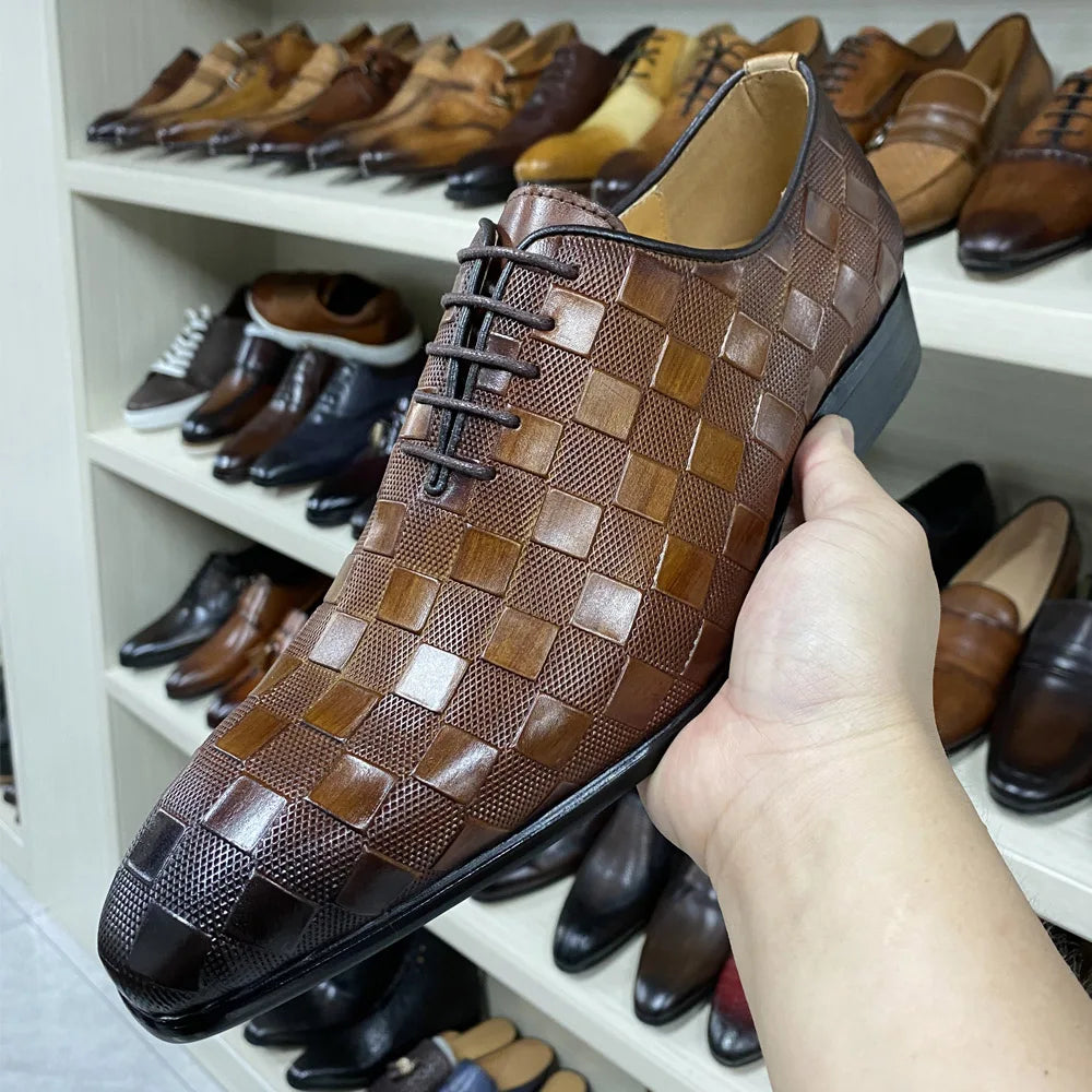 "Italian Luxury Leather Men's Dress Shoes: Fashionable Plaid Lace-Up Oxfords in Black and Brown For Formal  and Office"