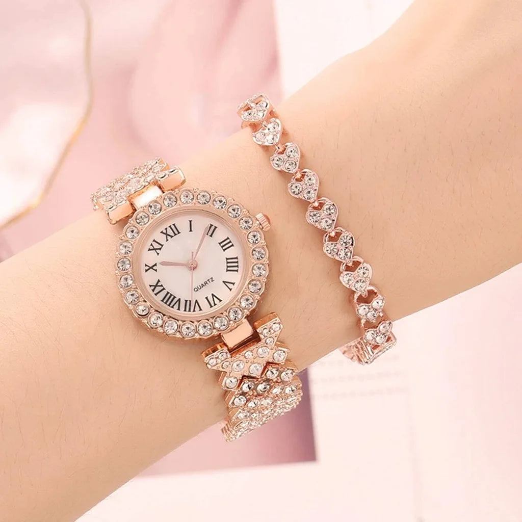 "2024 Women's Watch Set -  Luxury Brand, Watch and Bracelet Combo, Diamond and Rose Band"