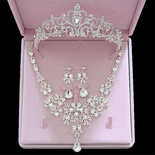 Jewelry Sets, Crown, Necklace, Earrings, Four Pack Silver Color Women's Fashion Tiaras