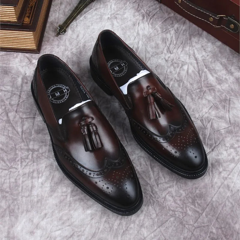 Men's Loafers in Black and Brown, Genuine Leather with Handmade Slip-On Design, Formal Dress Shoes with Luxury Tassels, Brogue Style