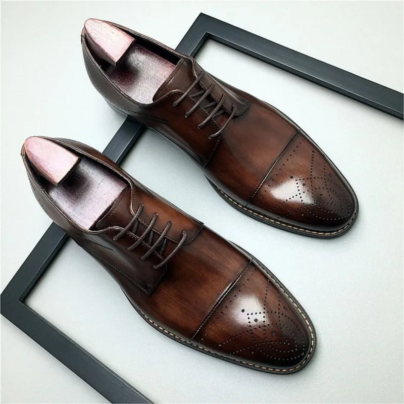 Men's Brogue Dress Shoes, Fashionable Genuine Leather, Round Head Lace-Up Business Shoes, Formal in Black and Brown Colors