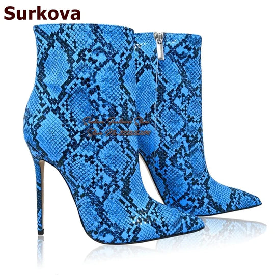 Surkova Blue Neon Yellow Pink Snakeskin Ankle Boots Stiletto Heels Pointed Short Booties Sexy Python Zipped Banquet Shoes Size46