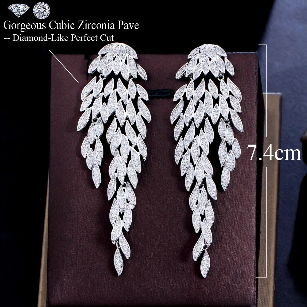 Exaggerated Luxury Big Long Tassel Feather Drop Dangle Earrings for Women Chunky Wedding Party Jewelry Gifts